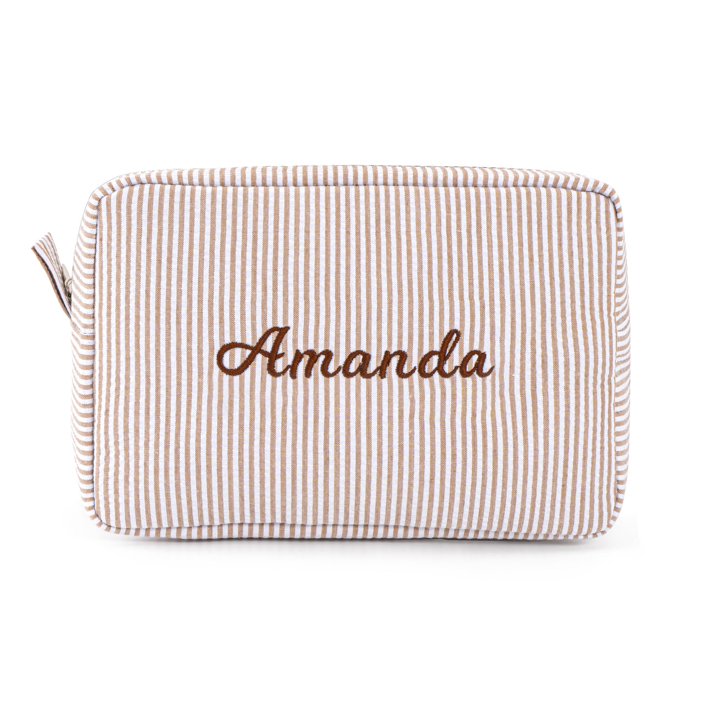 MT WORLD Cosmetic Bag Personalized Makeup Bag for Women Girls Seersucker Preppy Bridesmaid Makeup Bag Cute Aesthetic Toiletry Bag Girls Handbags Purses (Brown)