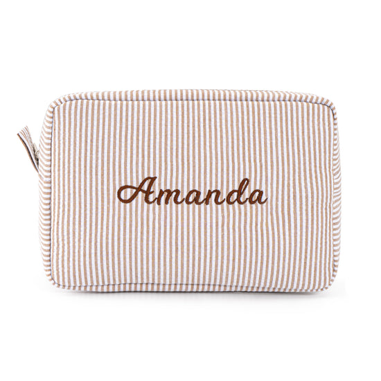MT WORLD Cosmetic Bag Personalized Makeup Bag for Women Girls Seersucker Preppy Bridesmaid Makeup Bag Cute Aesthetic Toiletry Bag Girls Handbags Purses (Brown)