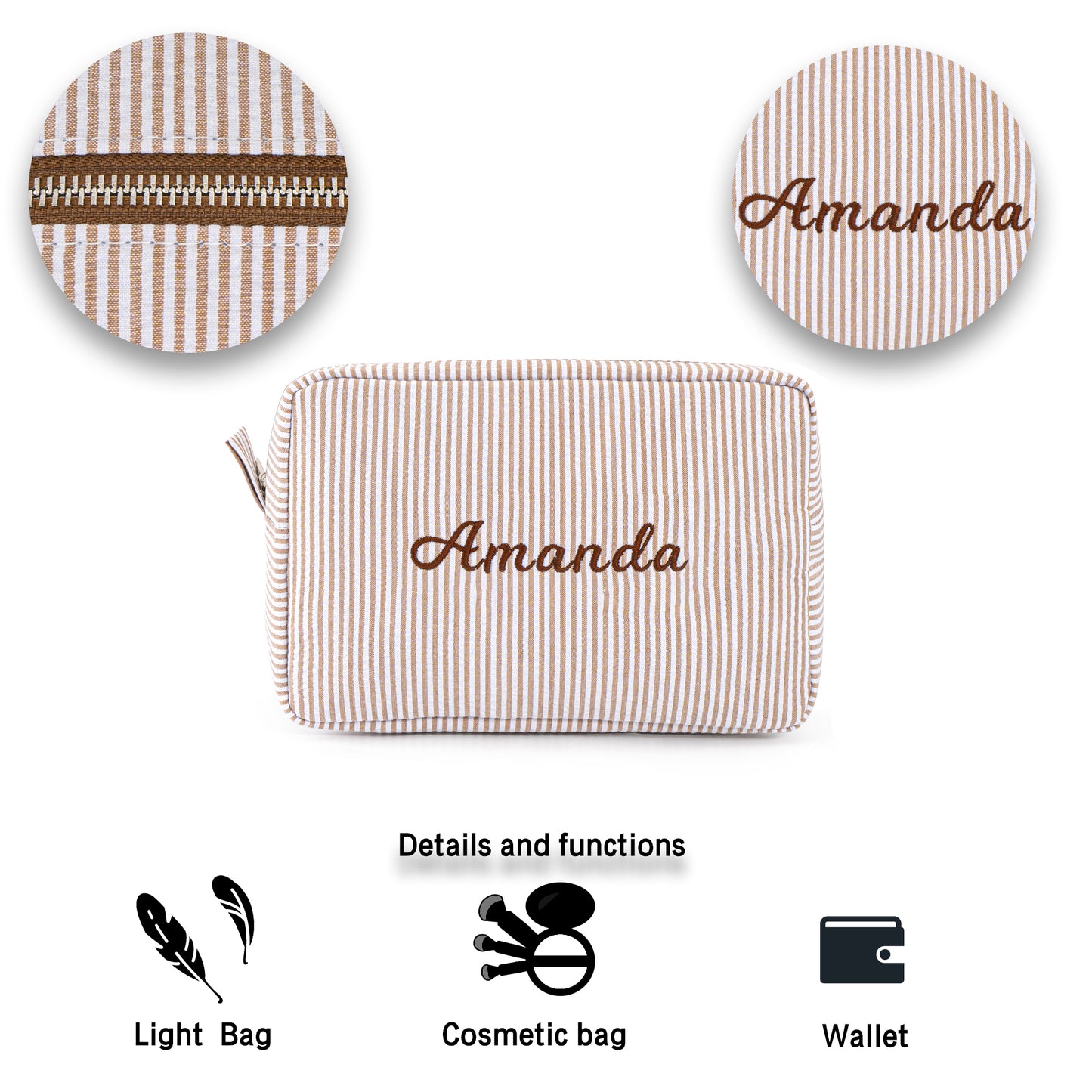 MT WORLD Cosmetic Bag Personalized Makeup Bag for Women Girls Seersucker Preppy Bridesmaid Makeup Bag Cute Aesthetic Toiletry Bag Girls Handbags Purses (Brown)