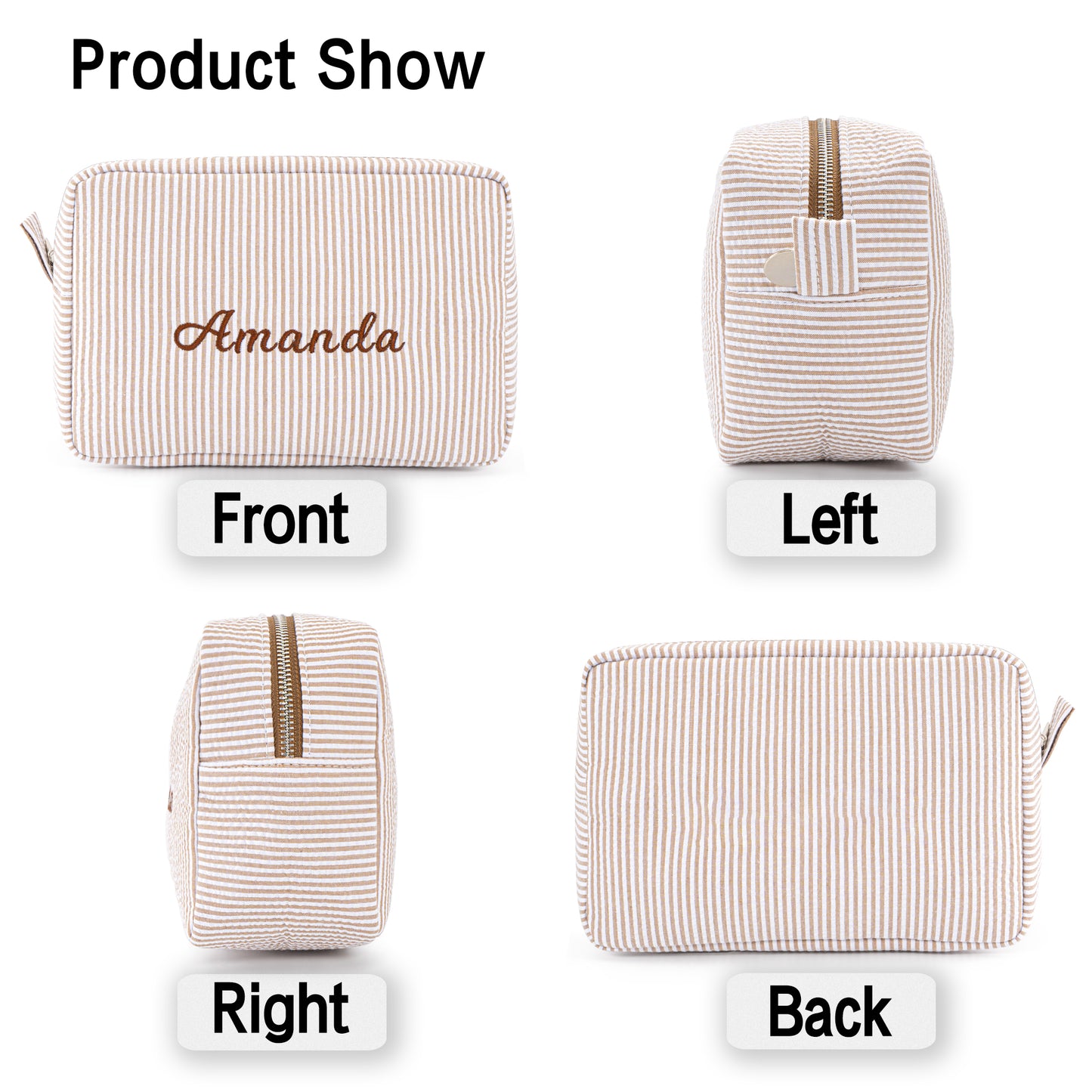 MT WORLD Cosmetic Bag Personalized Makeup Bag for Women Girls Seersucker Preppy Bridesmaid Makeup Bag Cute Aesthetic Toiletry Bag Girls Handbags Purses (Brown)