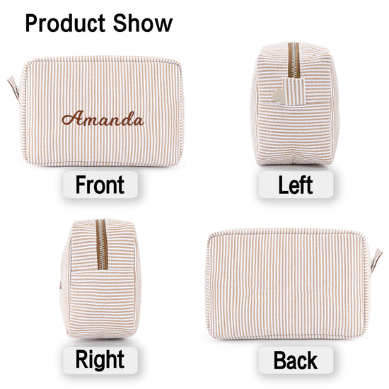 MT WORLD Cosmetic Bag Personalized Makeup Bag for Women Girls Seersucker Preppy Bridesmaid Makeup Bag Cute Aesthetic Toiletry Bag Girls Handbags Purses (Brown)